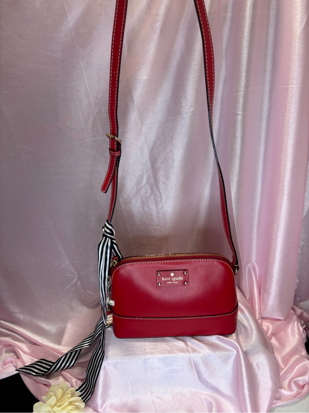 kate spade Red Leather Crossbody with Striped Scarf Accent